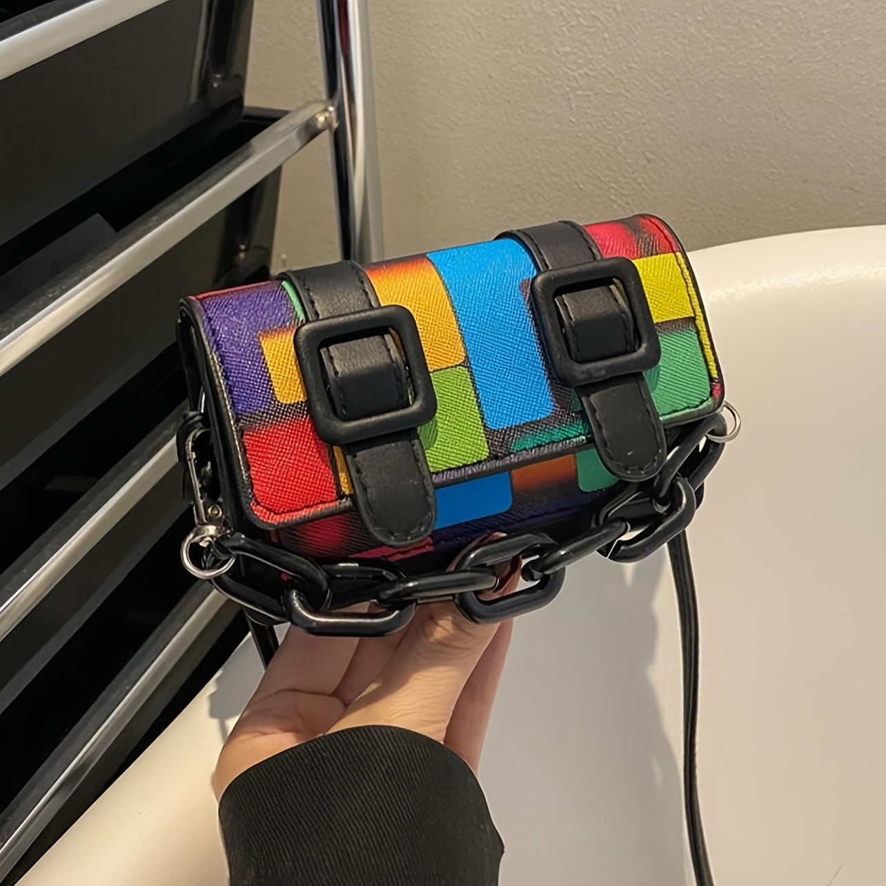 Color Block Mini Acrylic Chain Crossbody Bag - Vibrant Rainbow Pattern, Adjustable Strap, Magnetic Closure, Black Faux Leather, Stylish Accessory|Chain Strap Bag|Magnetic Closure Bag
